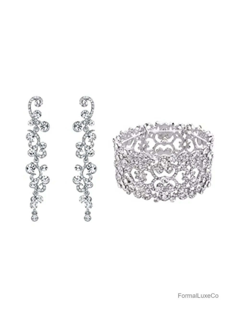 Austrian Crystal Art Deco Bridal Jewelry Set Stretch Bracelet Dangle Earrings